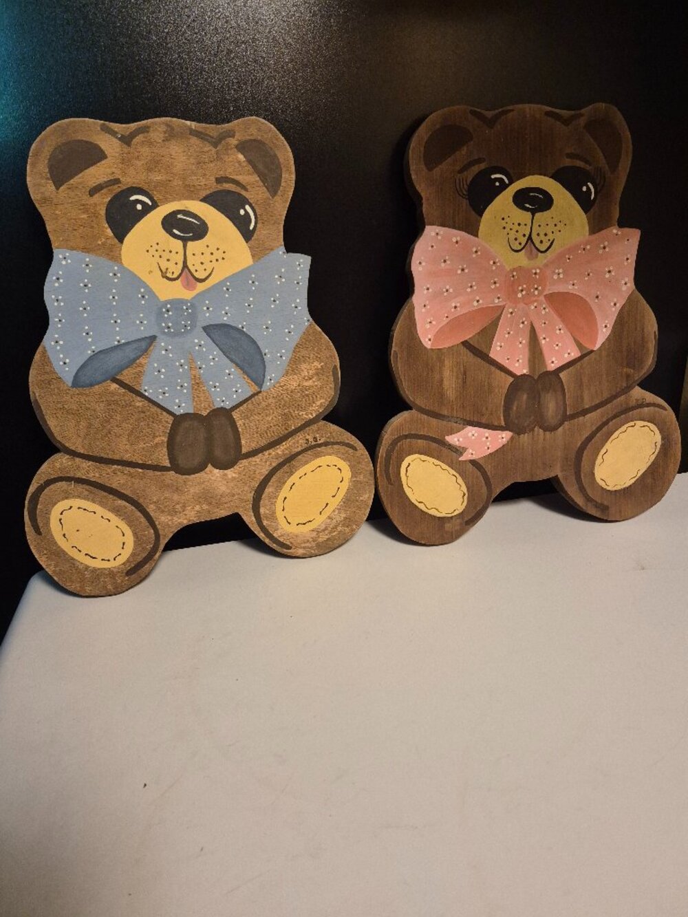 VINTAGE HANDMADE HAND-PAINTED WOODEN TEDDY BEARS (SET OF 2)
